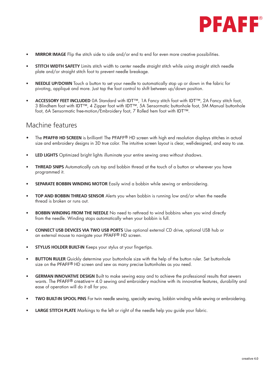 Machine features | Pfaff 4 User Manual | Page 4 / 5
