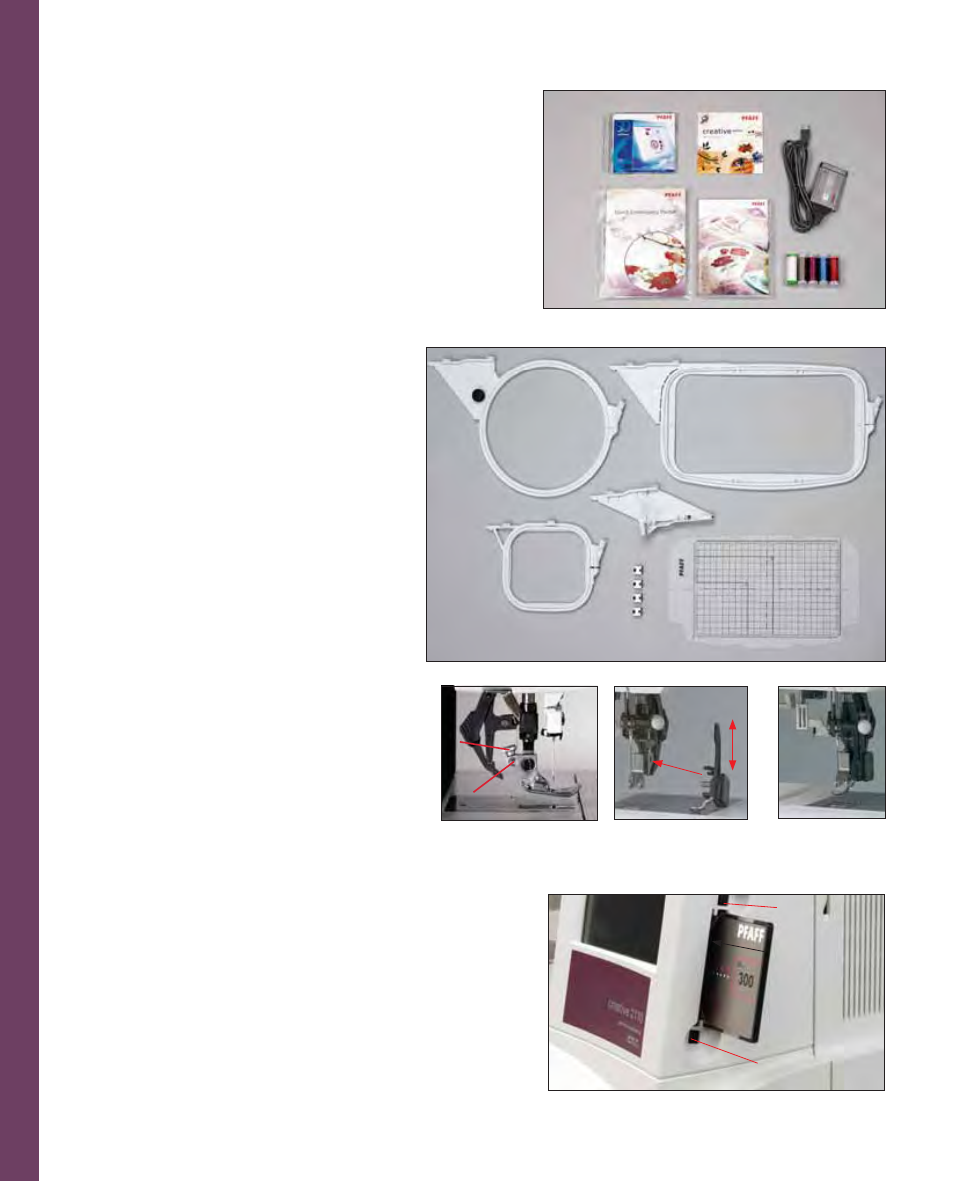 Embr oidery, Embroidery accessories, Attaching the embroidery foot | Inserting a card | Pfaff 2170 User Manual | Page 107 / 179