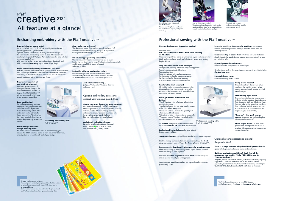 Creative, All features at a glance, Enchanting embroidery with the pfaff creative | Professional sewing with the pfaff creative, Pfaff | Pfaff CREATIVE 2124 User Manual | Page 5 / 7