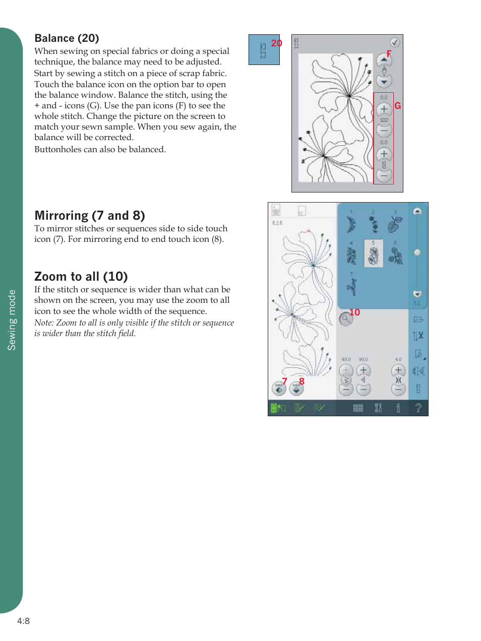 Mirroring (7 and 8), Zoom to all (10) | Pfaff Sewing Machine User Manual | Page 8 / 18