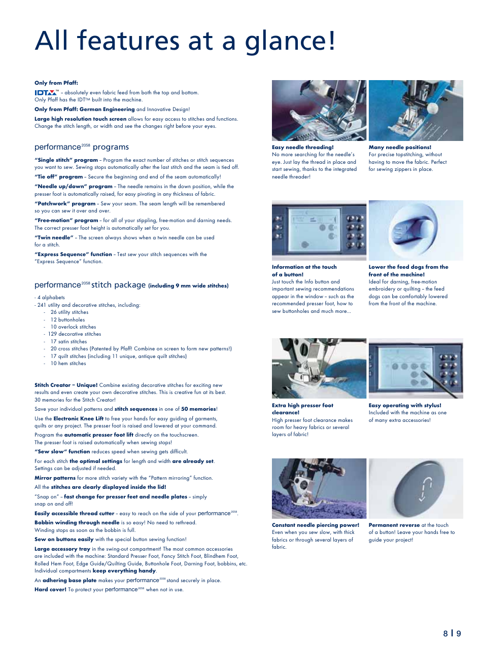 All features at a glance, Performance, Programs | Stitch package | Pfaff 2058 User Manual | Page 2 / 2