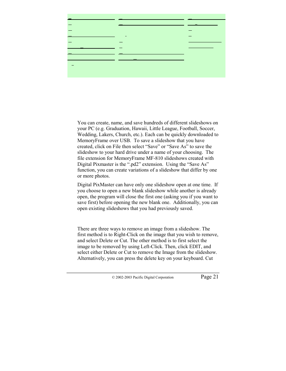 Naming and saving slideshows, Removing an image from a slideshow | Pacific Digital MF-810 User Manual | Page 24 / 68