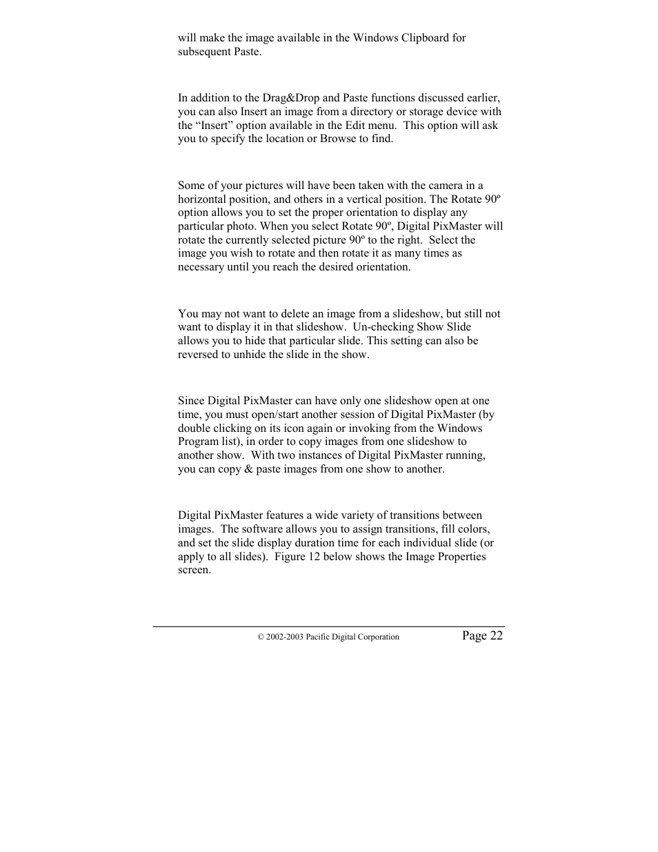 Inserting an image into a slideshow, Rotating an image in a slideshow, Hiding an image in a slideshow | Copying images from one slideshow to another, Image properties: transition effects and timings | Pacific Digital MF-810 User Manual | Page 25 / 68