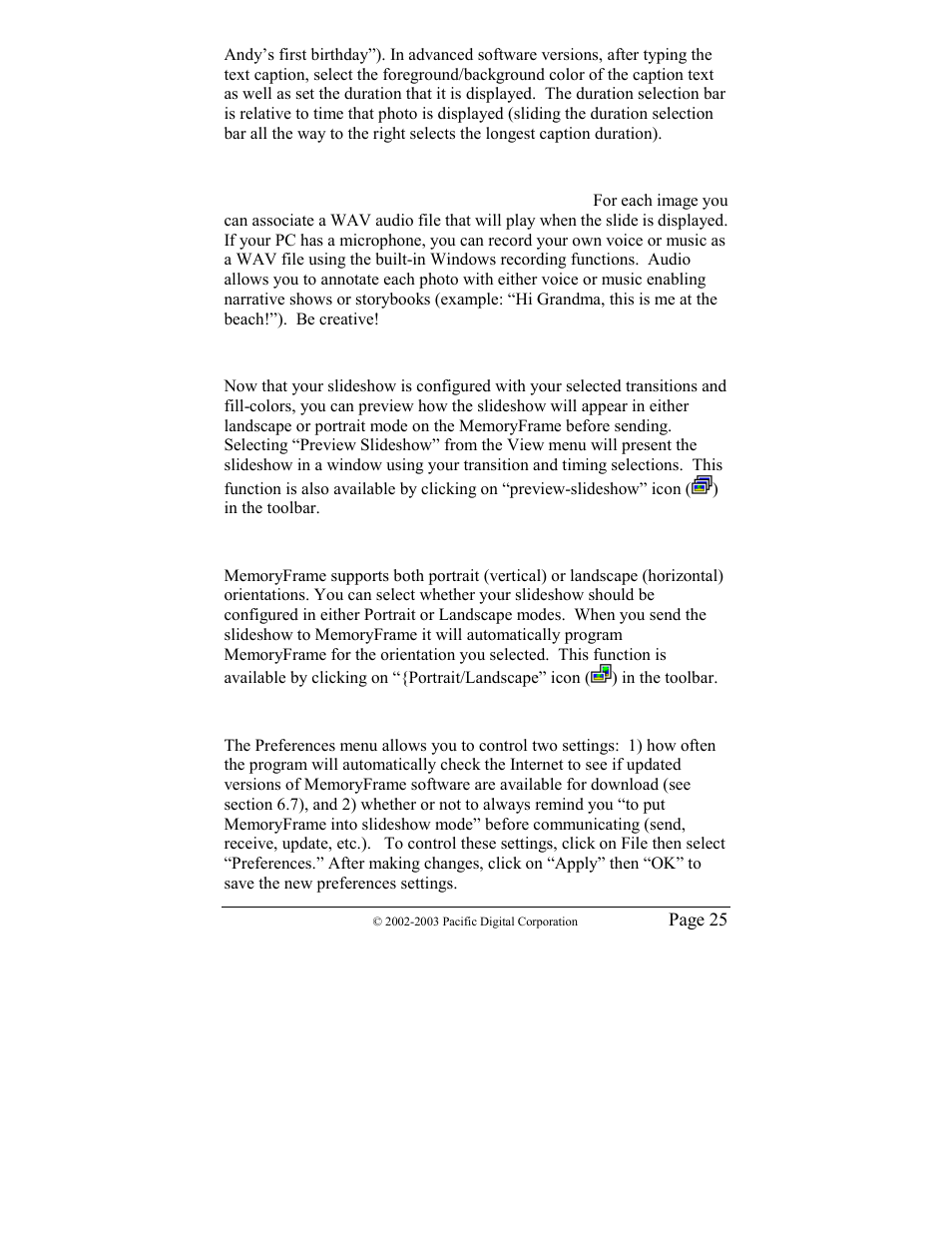 Audio clip for stereo speakers, Preview slideshow, Portrait/landscape modes | Preferences | Pacific Digital MF-810 User Manual | Page 28 / 68