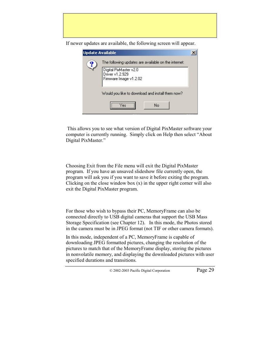 9 help - about digital pixmaster, 10 exiting digital pixmaster, Connecting a camera to the memoryframe | Pacific Digital MF-810 User Manual | Page 32 / 68