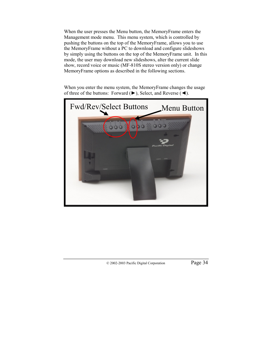 Memoryframe menu system, 1 menu navigation, Fwd/rev/select buttons menu button | Pacific Digital MF-810 User Manual | Page 37 / 68