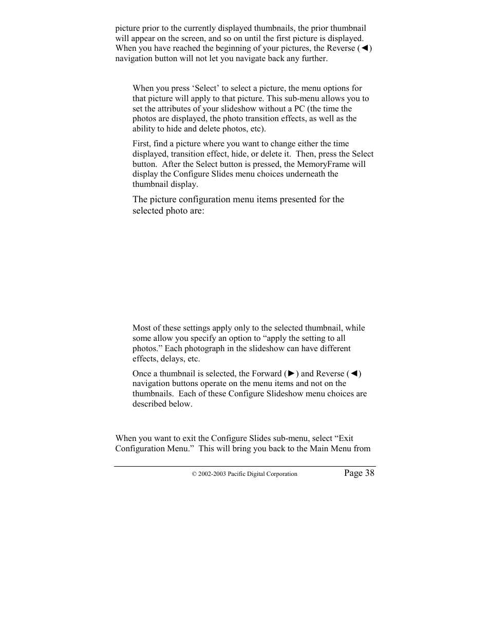 Changing a picture’s display characteristics, Exit configuration menu | Pacific Digital MF-810 User Manual | Page 41 / 68