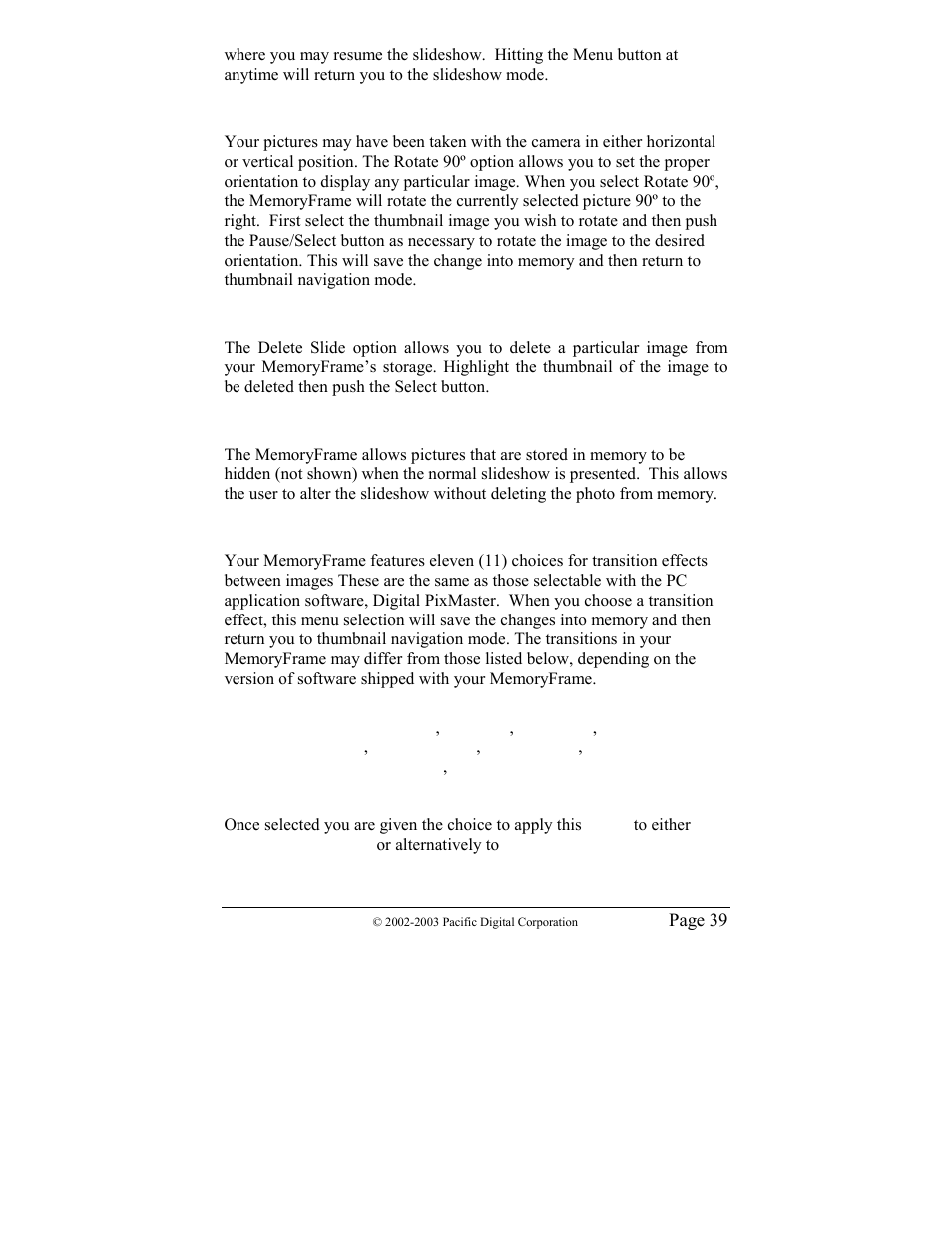 Rotate 90º, Delete slide, Hide/show image | Set transition effect | Pacific Digital MF-810 User Manual | Page 42 / 68