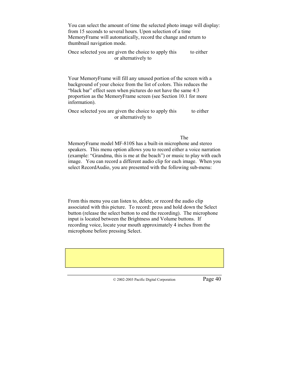 Set slide duration, Set background (fill) color, Record audio | Pacific Digital MF-810 User Manual | Page 43 / 68
