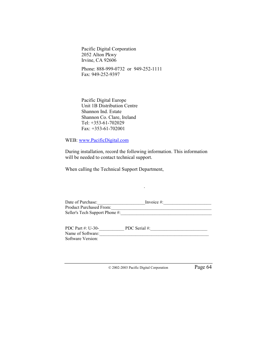 Contacting technical support | Pacific Digital MF-810 User Manual | Page 67 / 68