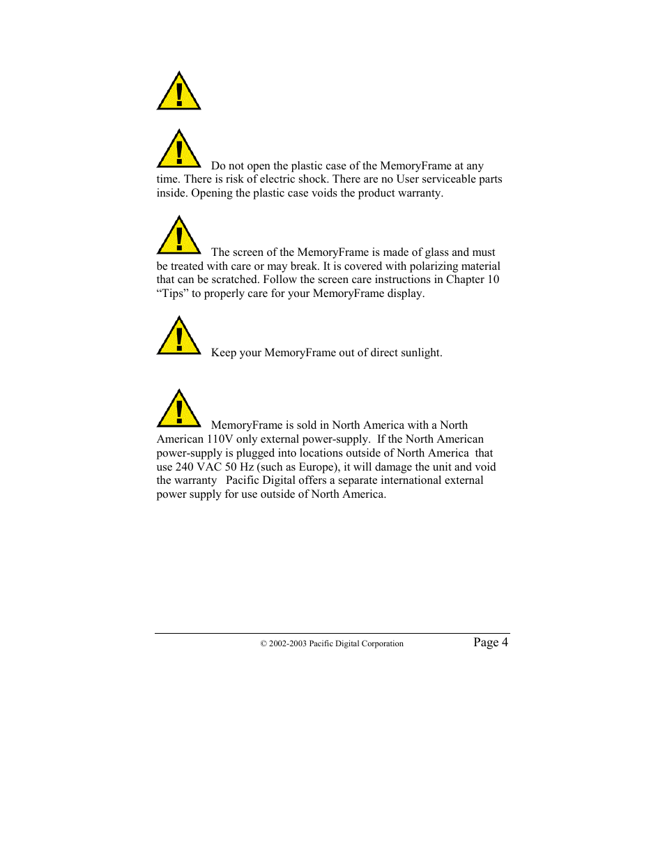 Warnings | Pacific Digital MF-810 User Manual | Page 7 / 68