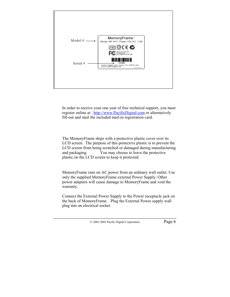3 removing the protective cover from the lcd, 4 connecting memoryframe to the power supply | Pacific Digital MF-810 User Manual | Page 9 / 68