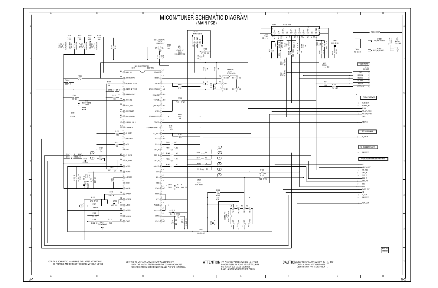 Micon/tuner schematic diagram, Main pcb), Caution | Attention, G-2 g-1 | Pacific Digital PTV3606 User Manual | Page 22 / 66