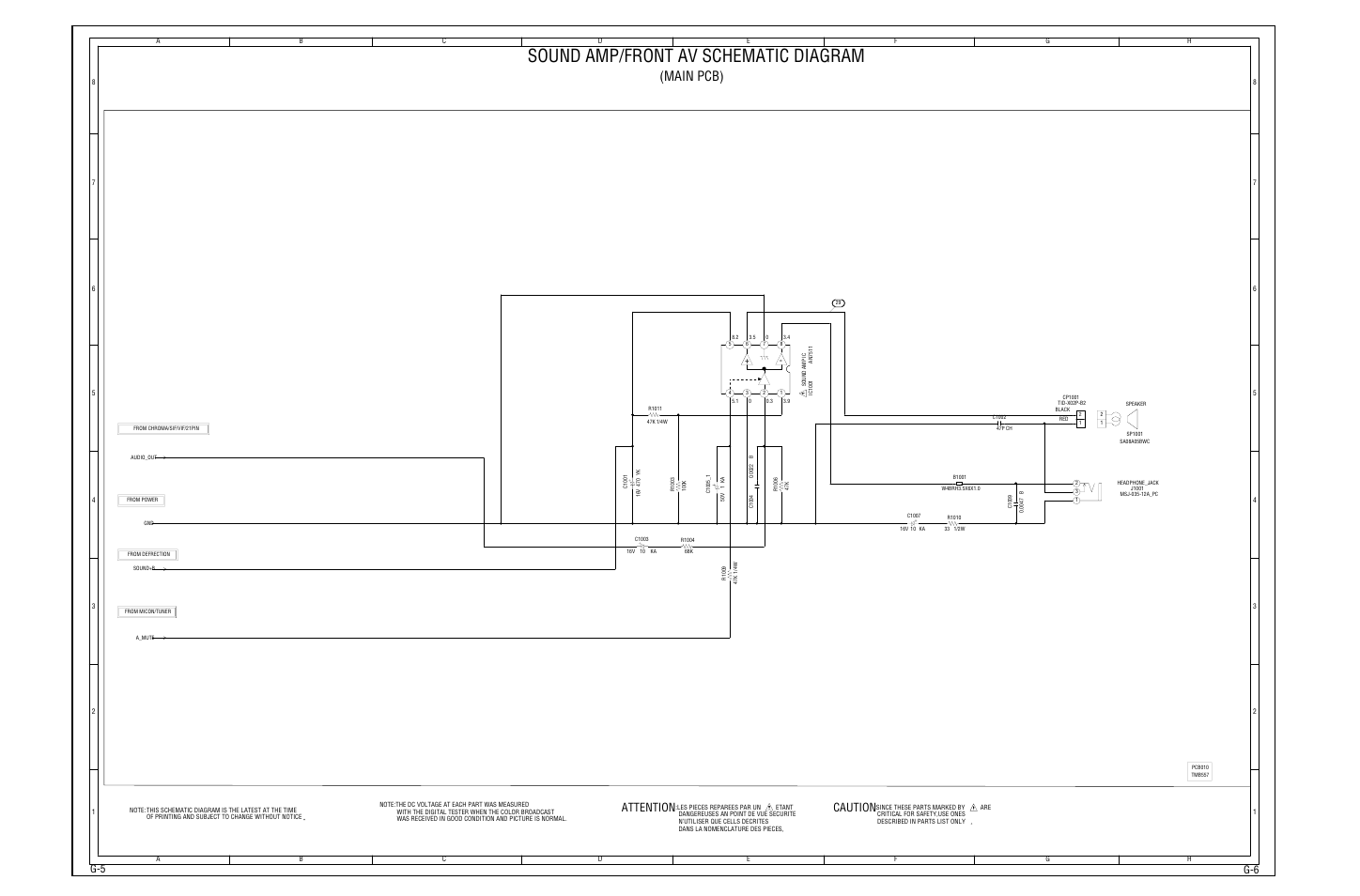 Sound amp/front av schematic diagram, Main pcb), Caution | Attention, G-6 g-5 | Pacific Digital PTV3606 User Manual | Page 24 / 66