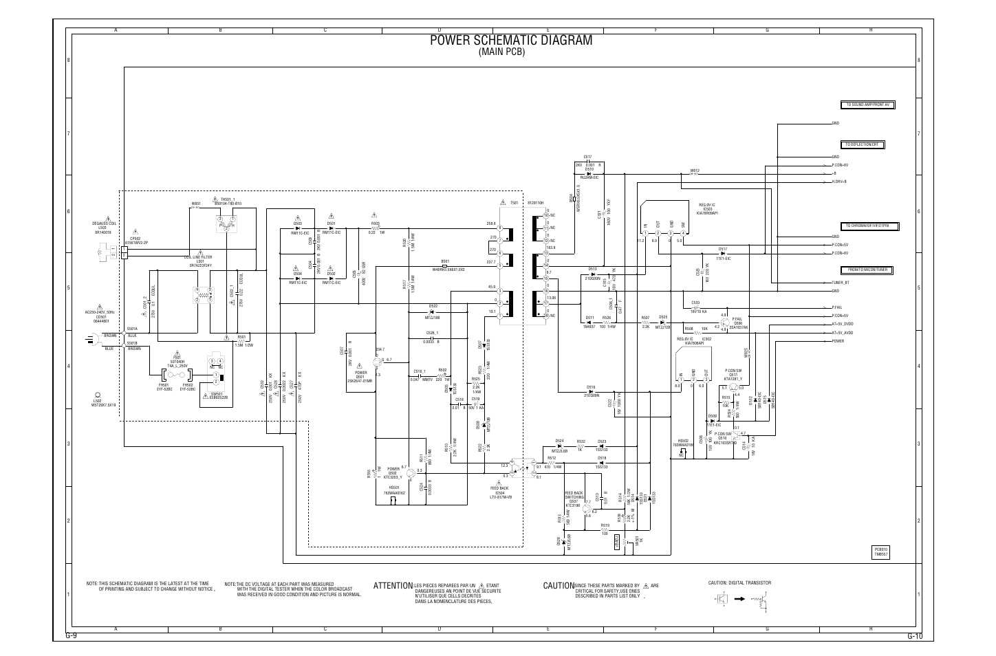 Power schematic diagram, Main pcb), Caution | Attention, G-10 g-9 | Pacific Digital PTV3606 User Manual | Page 26 / 66