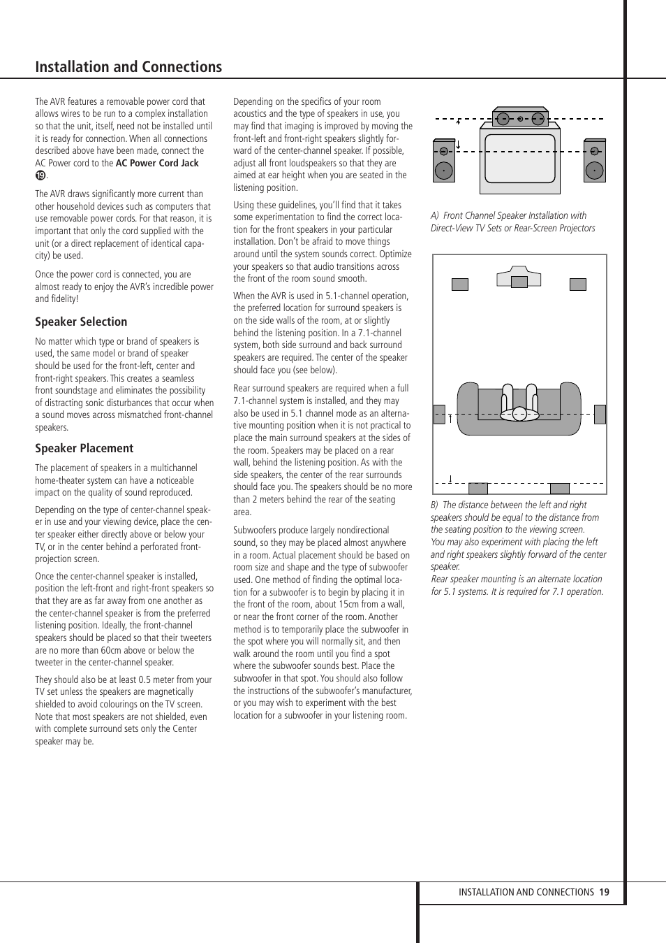 Installation and connections, Speaker selection, Speaker placement | Pacific Digital AVR 635 User Manual | Page 19 / 58