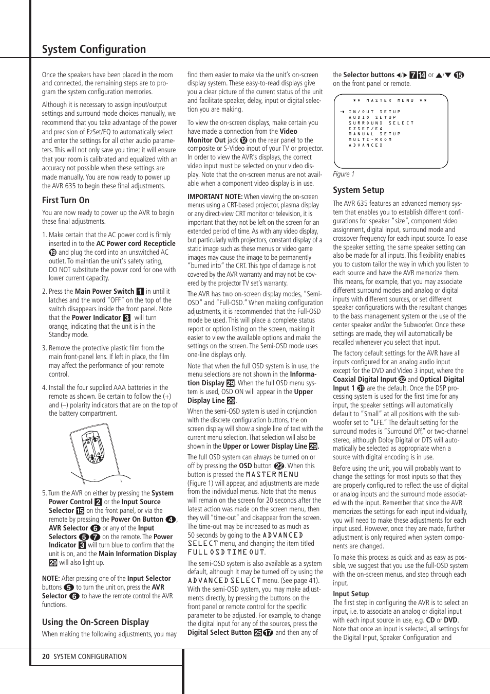 System configuration, First turn on, Using the on-screen display | System setup | Pacific Digital AVR 635 User Manual | Page 20 / 58