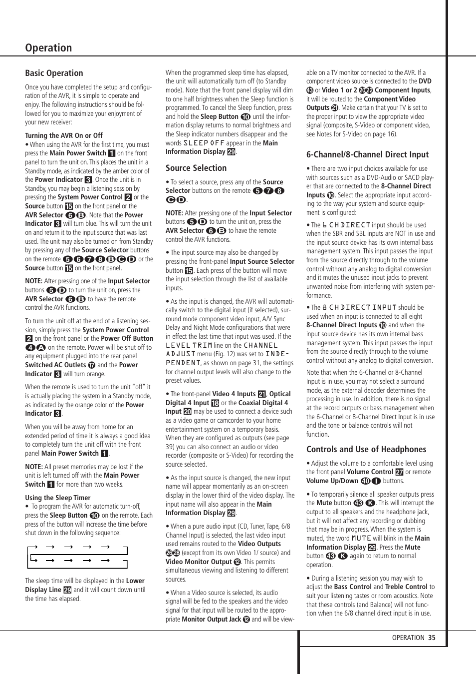 Operation, Basic operation, Source selection | Channel/8-channel direct input, Controls and use of headphones | Pacific Digital AVR 635 User Manual | Page 35 / 58