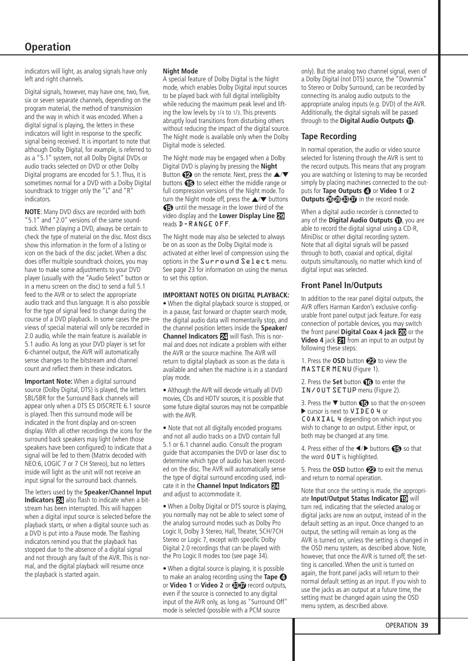 Operation, Tape recording, Front panel in/outputs | Pacific Digital AVR 635 User Manual | Page 39 / 58