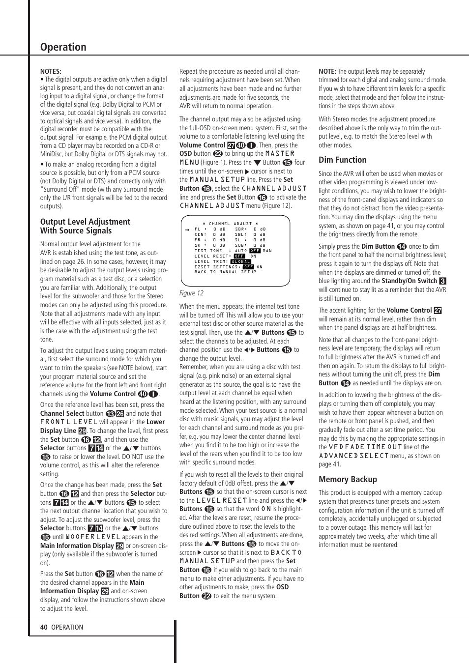 Operation, Output level adjustment with source signals, Dim function | Pacific Digital AVR 635 User Manual | Page 40 / 58
