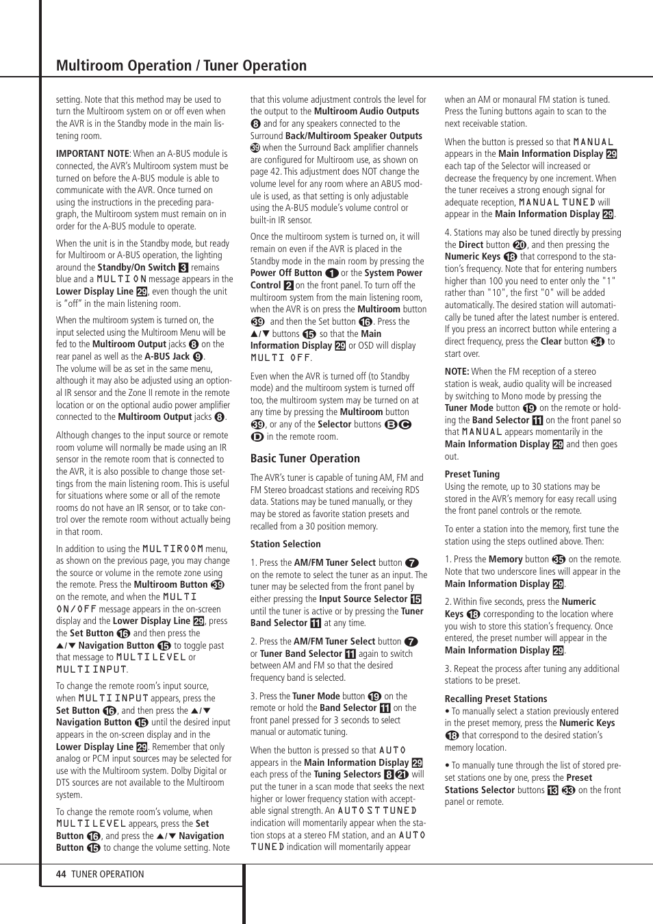 Multiroom operation / tuner operation, Basic tuner operation | Pacific Digital AVR 635 User Manual | Page 44 / 58