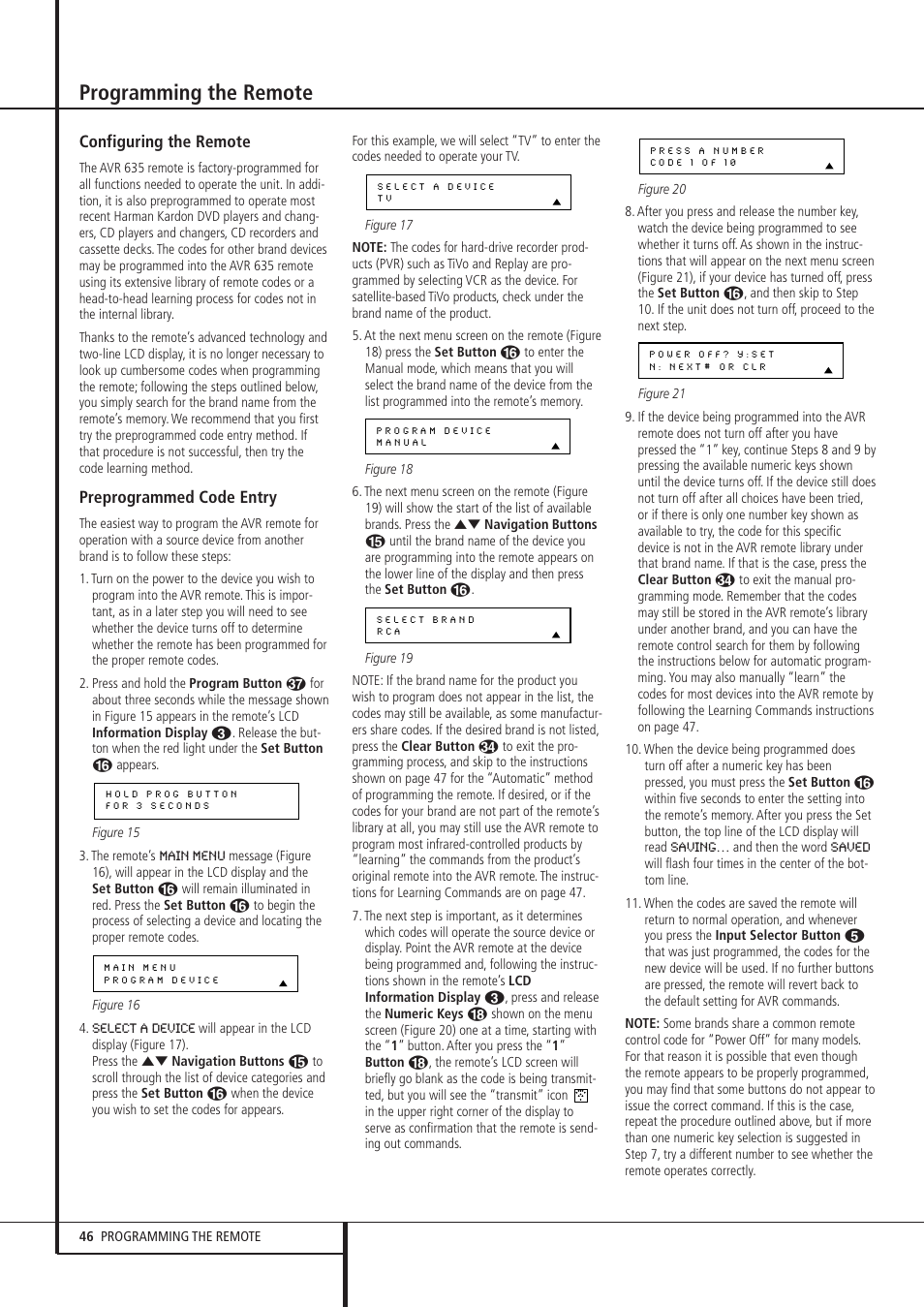 Programming the remote, Configuring the remote, Preprogrammed code entry | Pacific Digital AVR 635 User Manual | Page 46 / 58