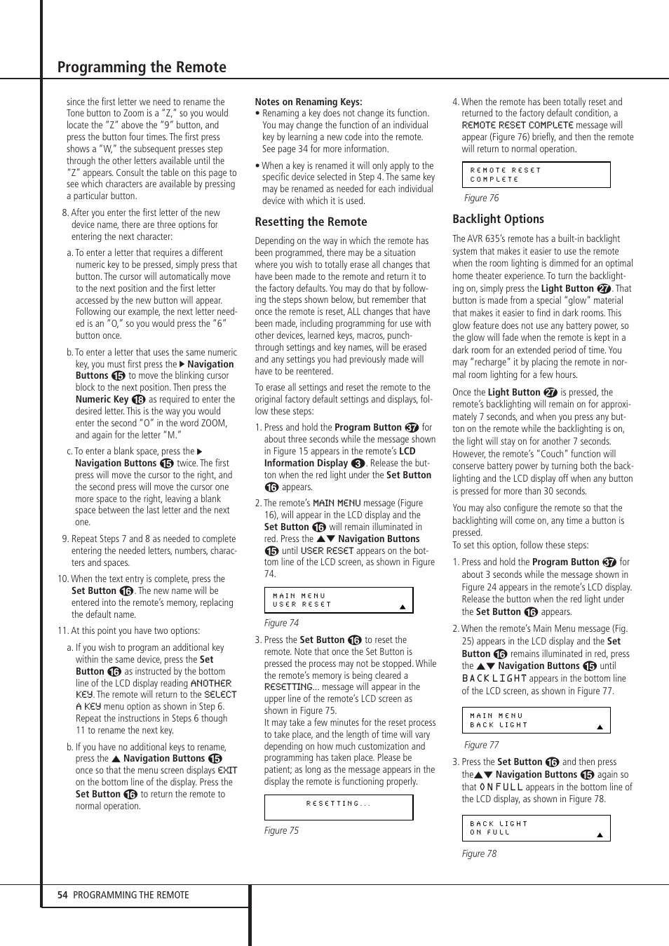 Programming the remote, Resetting the remote, Backlight options | Pacific Digital AVR 635 User Manual | Page 54 / 58