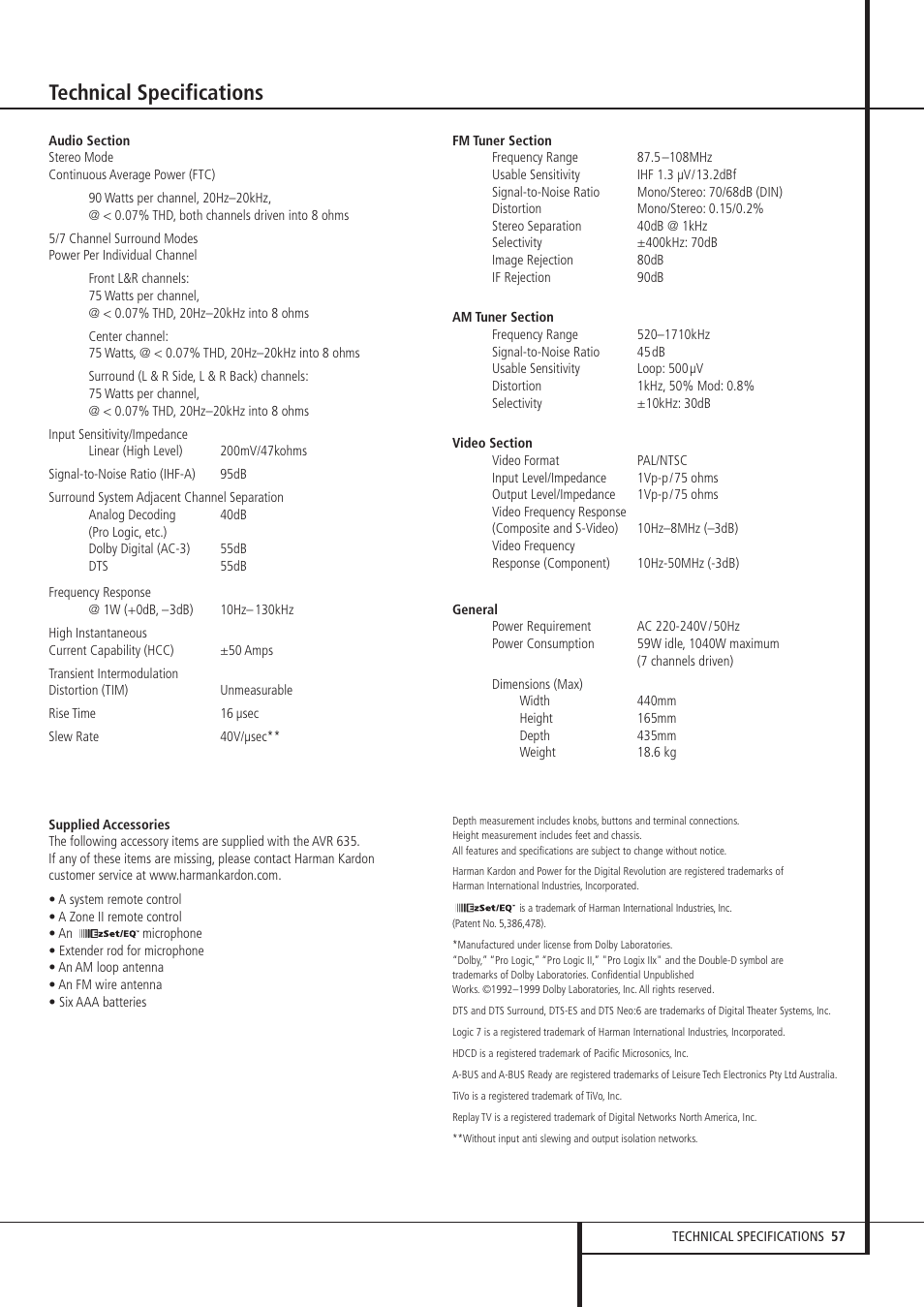 Technical specifications | Pacific Digital AVR 635 User Manual | Page 57 / 58