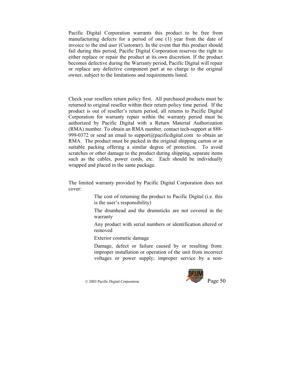 Drumxtreme limited warranty | Pacific Digital DrumXtreme User Manual | Page 53 / 56