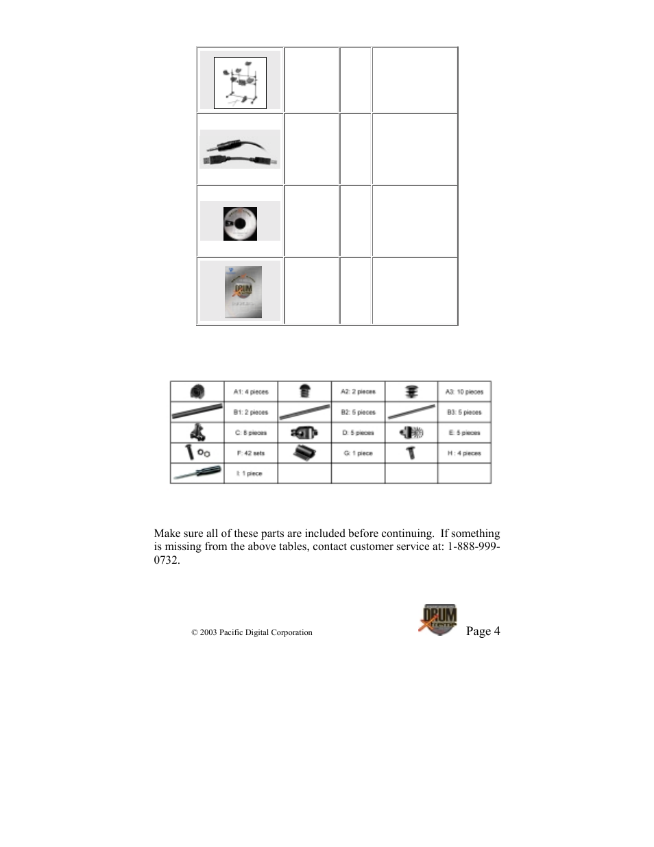 Page 4, Table 1 – major parts list, Table 2 – detailed list of stand parts | Pacific Digital DrumXtreme User Manual | Page 7 / 56