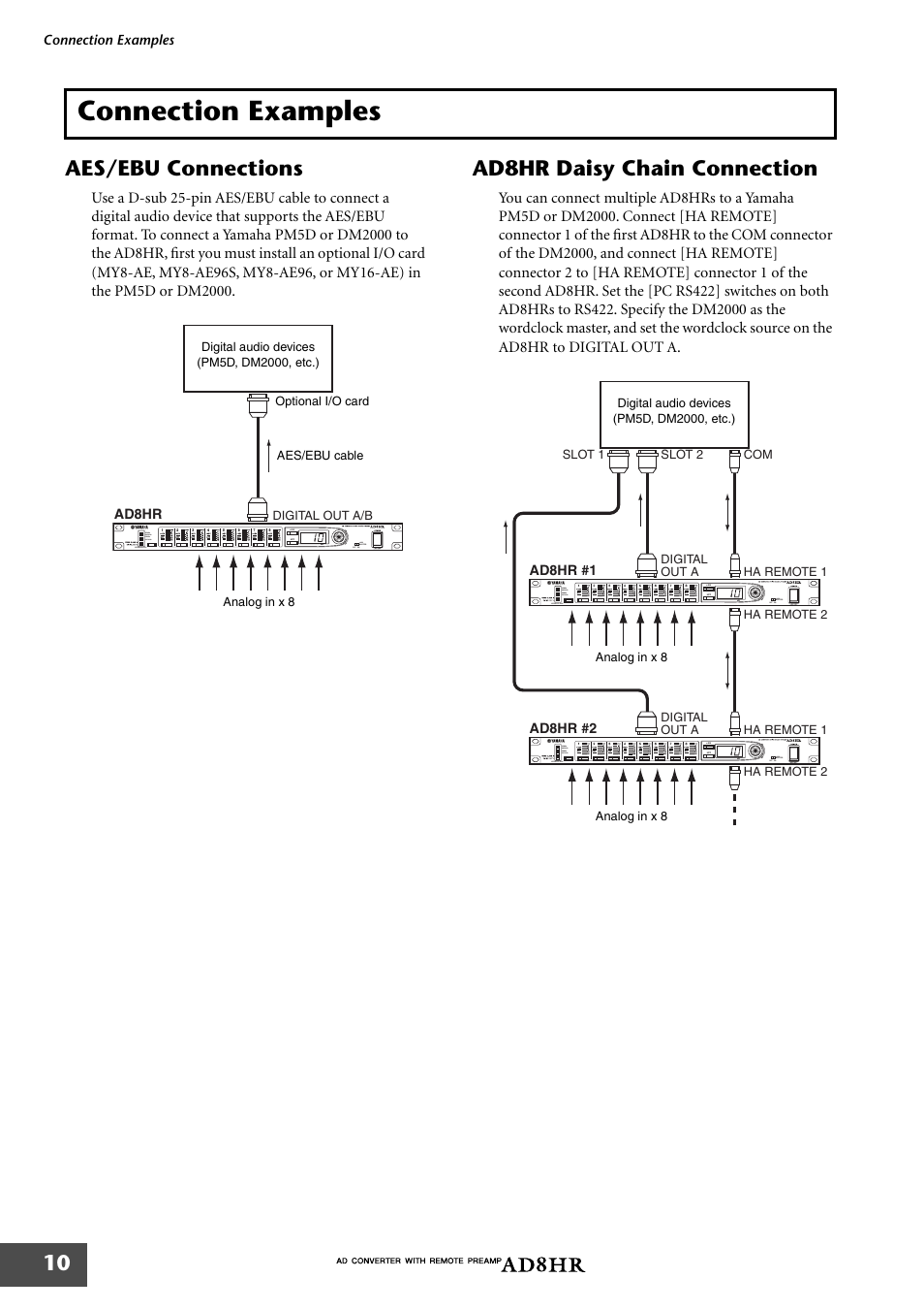 Connection examples, Aes/ebu connections, Ad8hr daisy chain connection | Aes/ebu connections ad8hr daisy chain connection | Pacific Digital AD8HR User Manual | Page 10 / 16