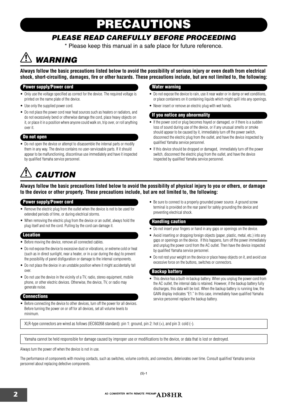 Precautions, Warning, Caution | Please read carefully before proceeding | Pacific Digital AD8HR User Manual | Page 2 / 16