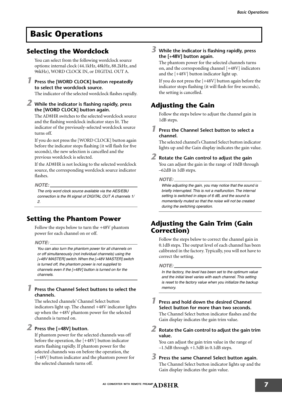 Basic operations, Selecting the wordclock, Setting the phantom power | Adjusting the gain, Adjusting the gain trim (gain correction) | Pacific Digital AD8HR User Manual | Page 7 / 16