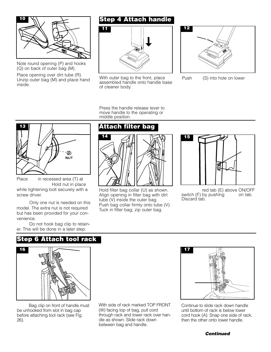 Attach filter bag, Step 4 attach handle step 6 attach tool rack | Pacific Digital Upright Vacuum Cleaner User Manual | Page 4 / 13