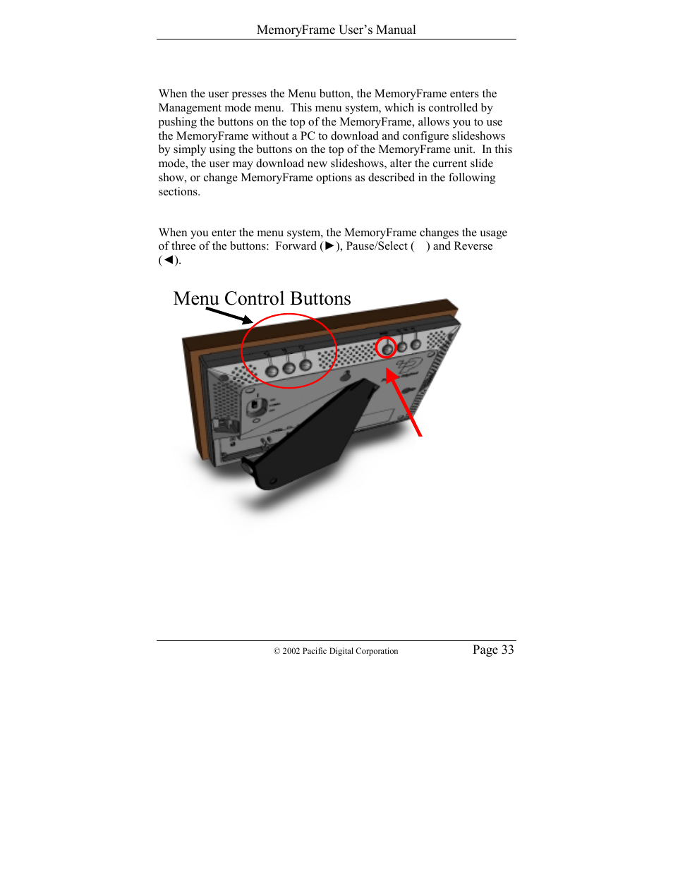 Menu control buttons | Pacific Digital Digital Pacific USB Digital Photo Frame MemoryFrame User Manual | Page 36 / 63