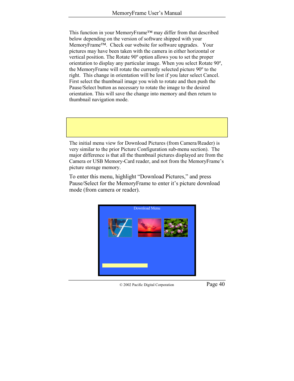Page 40 | Pacific Digital Digital Pacific USB Digital Photo Frame MemoryFrame User Manual | Page 43 / 63