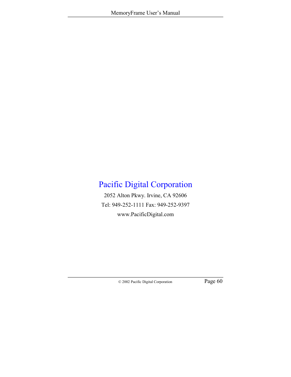 Pacific digital corporation | Pacific Digital Digital Pacific USB Digital Photo Frame MemoryFrame User Manual | Page 63 / 63