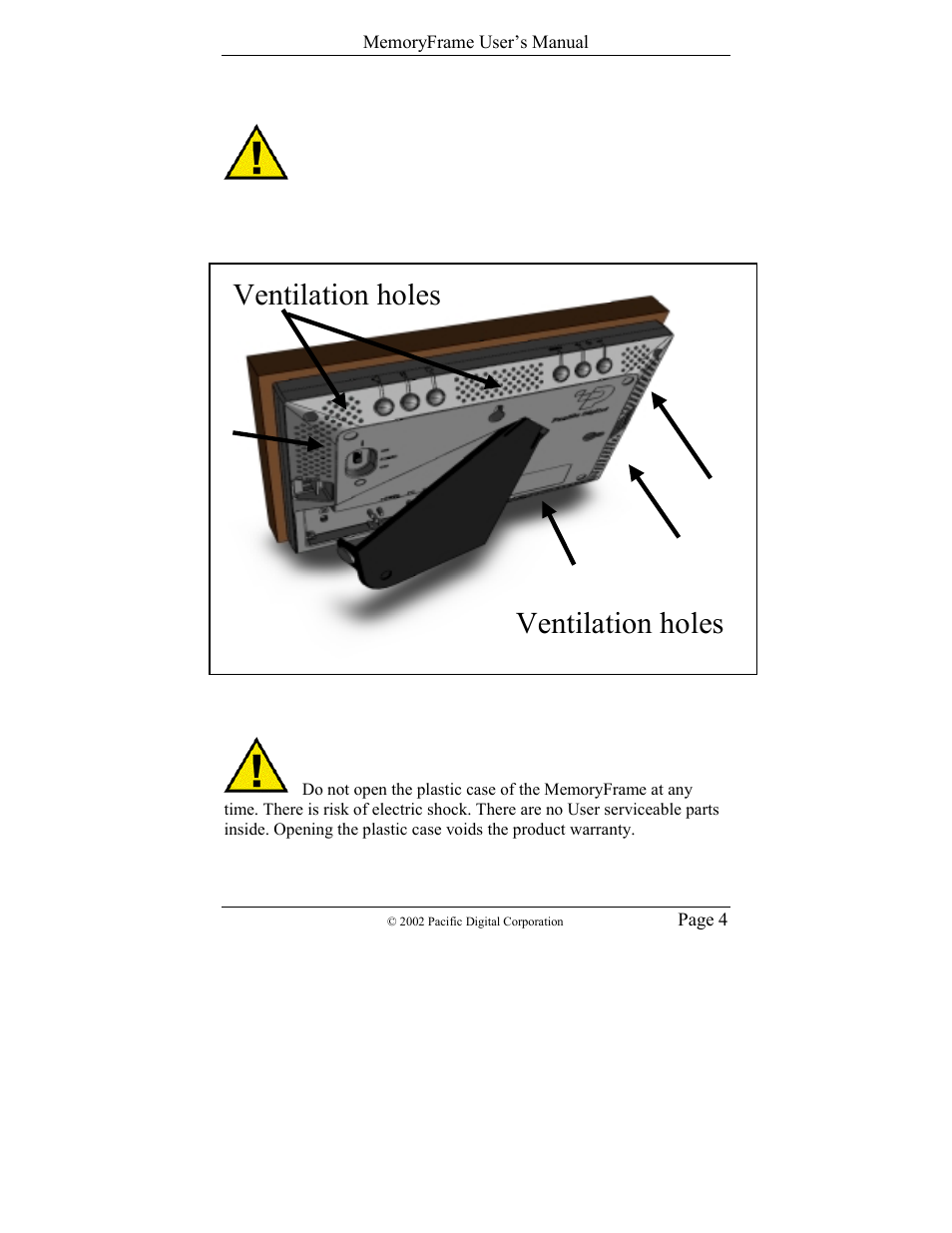 Ventilation holes | Pacific Digital Digital Pacific USB Digital Photo Frame MemoryFrame User Manual | Page 7 / 63