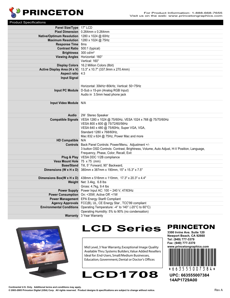 Princeton LCD 1708 User Manual | 1 page