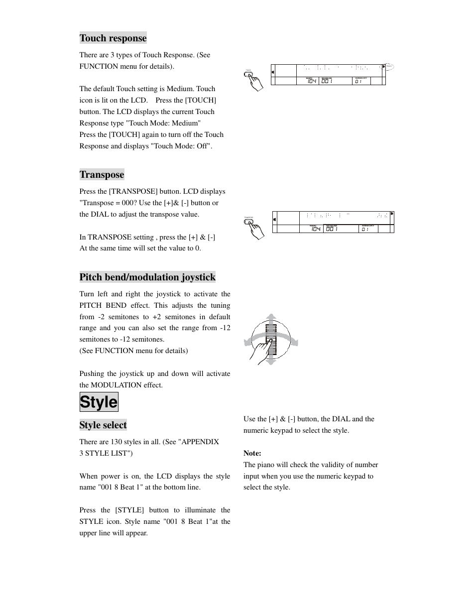 Style, Touch response, Transpose | Pitch bend/modulation joystick, Style select | Princeton SP-88 User Manual | Page 12 / 34