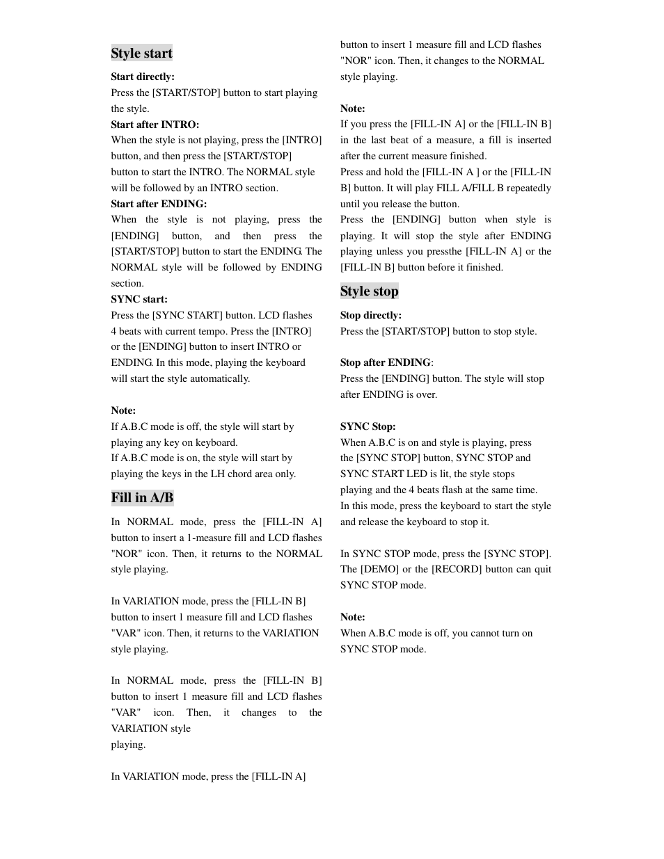 Style start, Fill in a/b, Style stop | Princeton SP-88 User Manual | Page 13 / 34