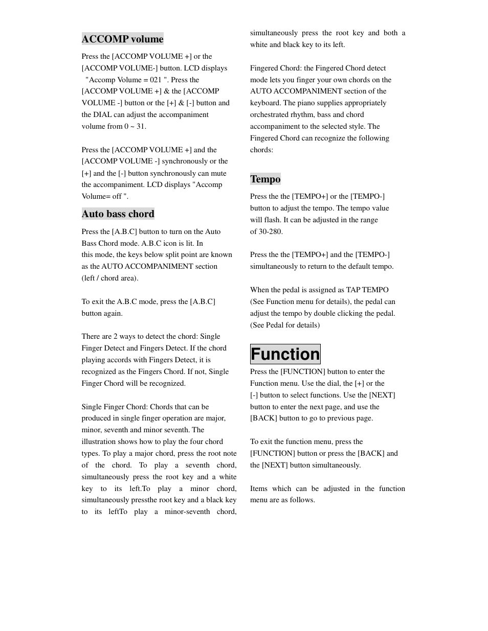 Function, Accomp volume, Auto bass chord | Tempo | Princeton SP-88 User Manual | Page 14 / 34