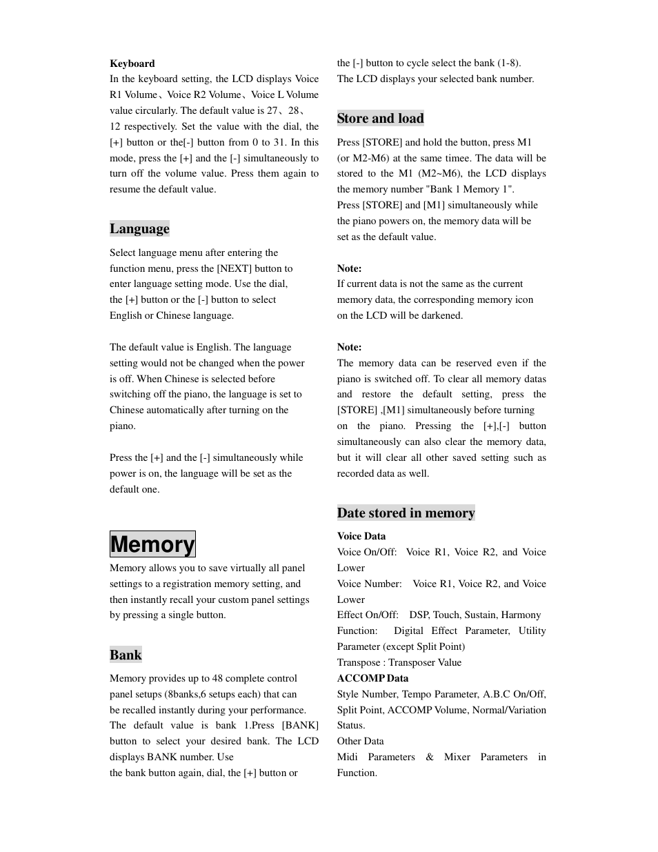 Language, Bank, Store and load | Princeton SP-88 User Manual | Page 18 / 34