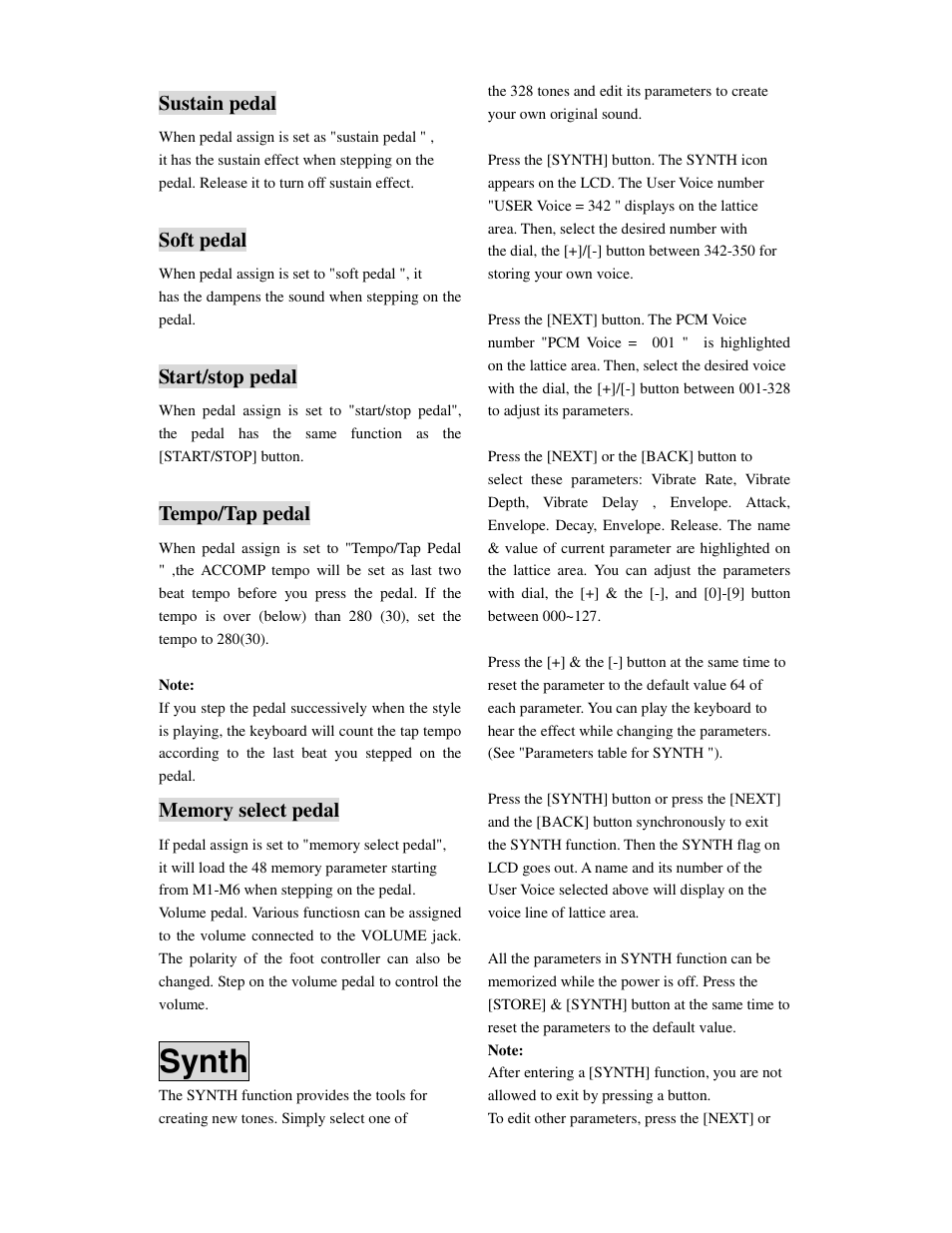 Synth, Sustain pedal, Soft pedal | Start/stop pedal, Tempo/tap pedal | Princeton SP-88 User Manual | Page 20 / 34