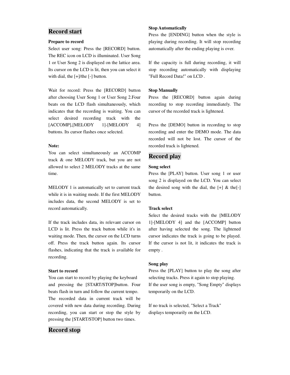 Record start, Record stop, Record play | Princeton SP-88 User Manual | Page 22 / 34