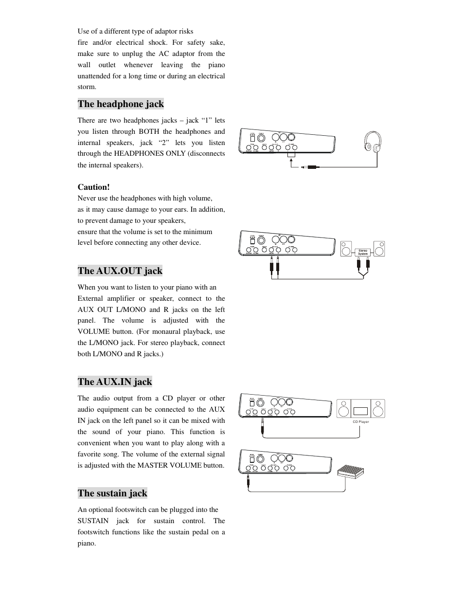 The headphone jack, The aux.out jack, The aux.in jack | The sustain jack | Princeton SP-88 User Manual | Page 6 / 34