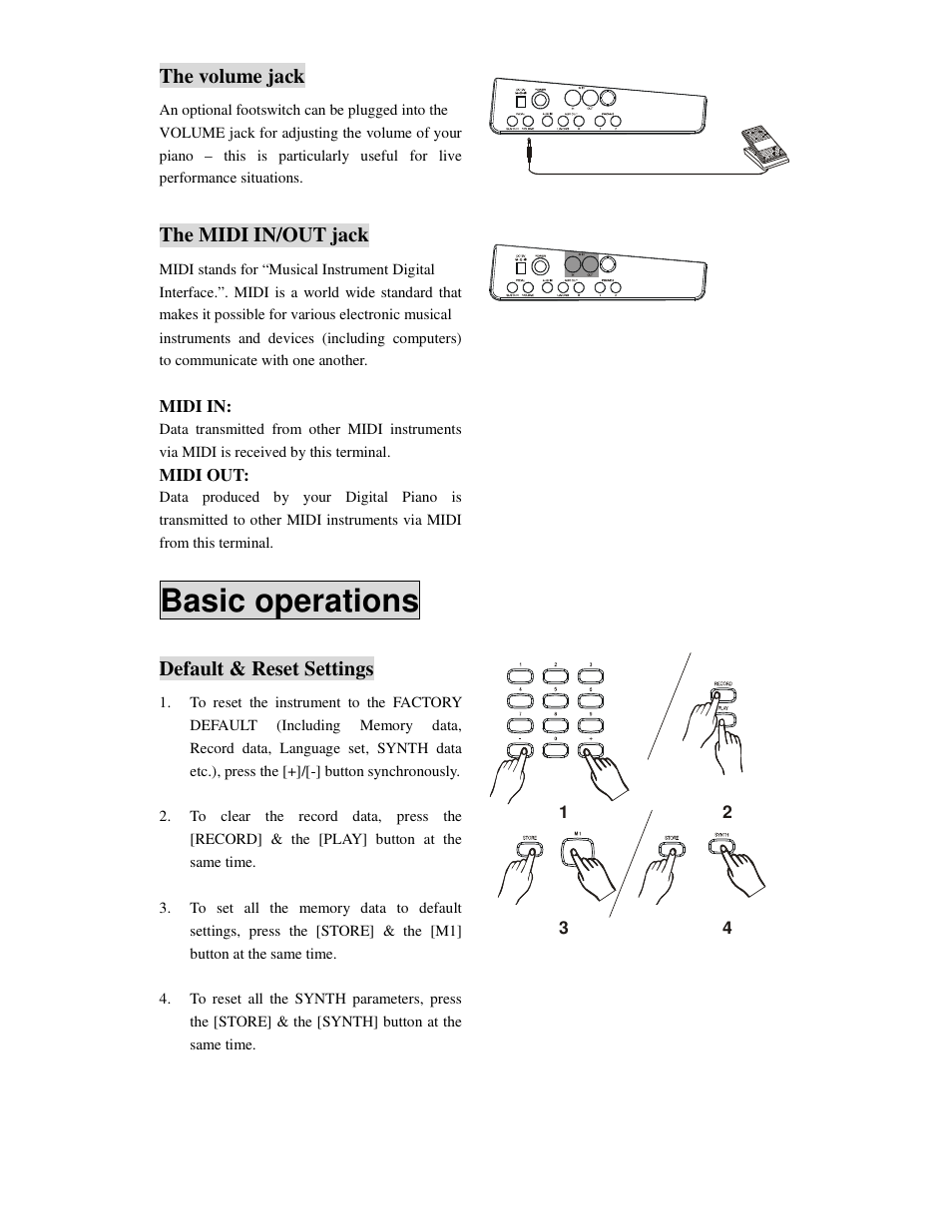 Basic operations, The volume jack, The midi in/out jack | Default & reset settings | Princeton SP-88 User Manual | Page 7 / 34