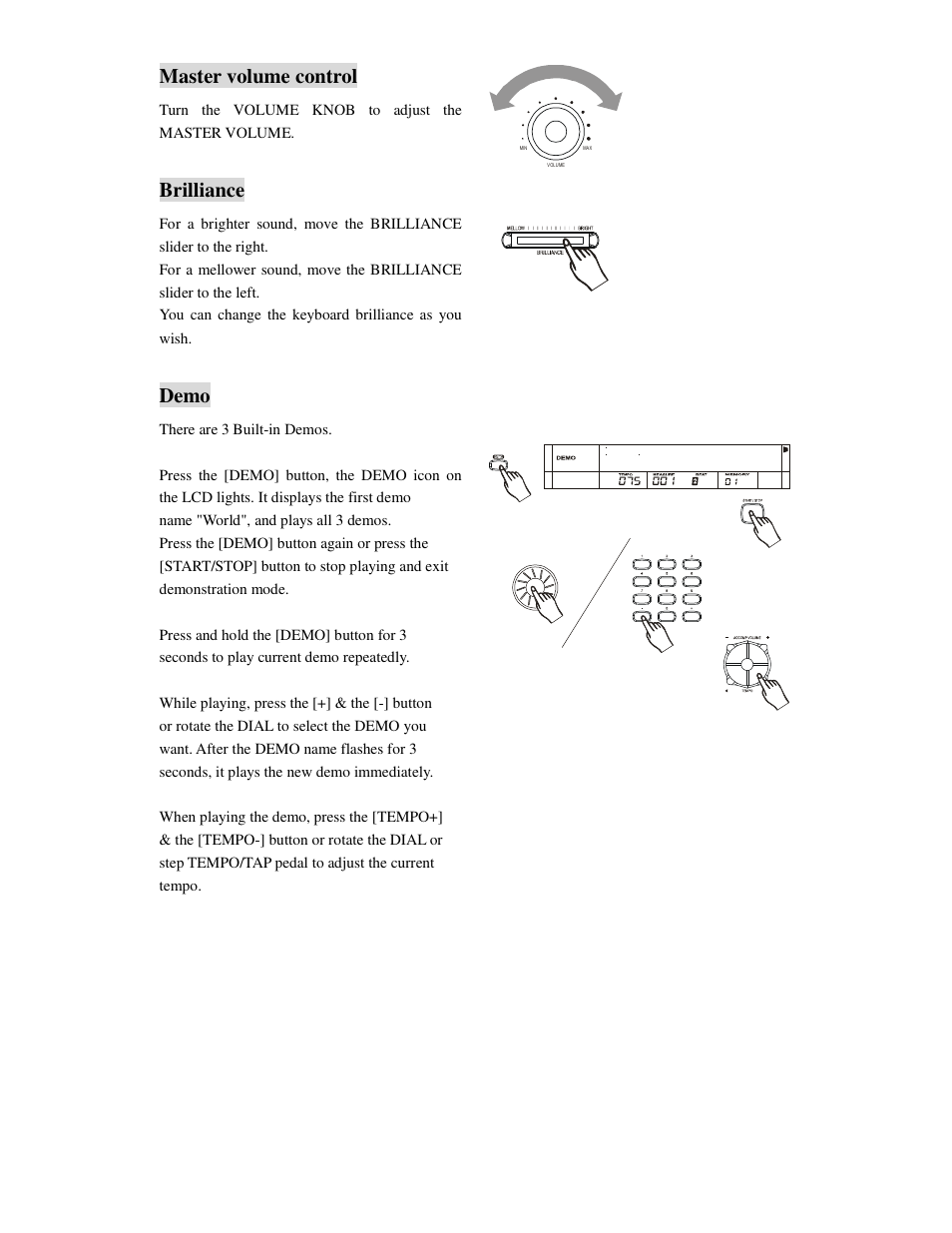 Master volume control, Brilliance, Demo | Princeton SP-88 User Manual | Page 8 / 34