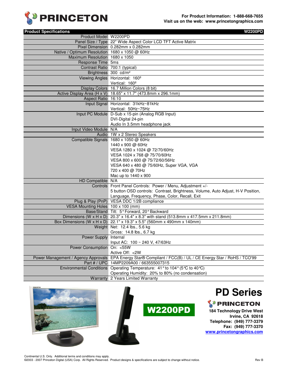 Princeton W2200PD User Manual | 1 page