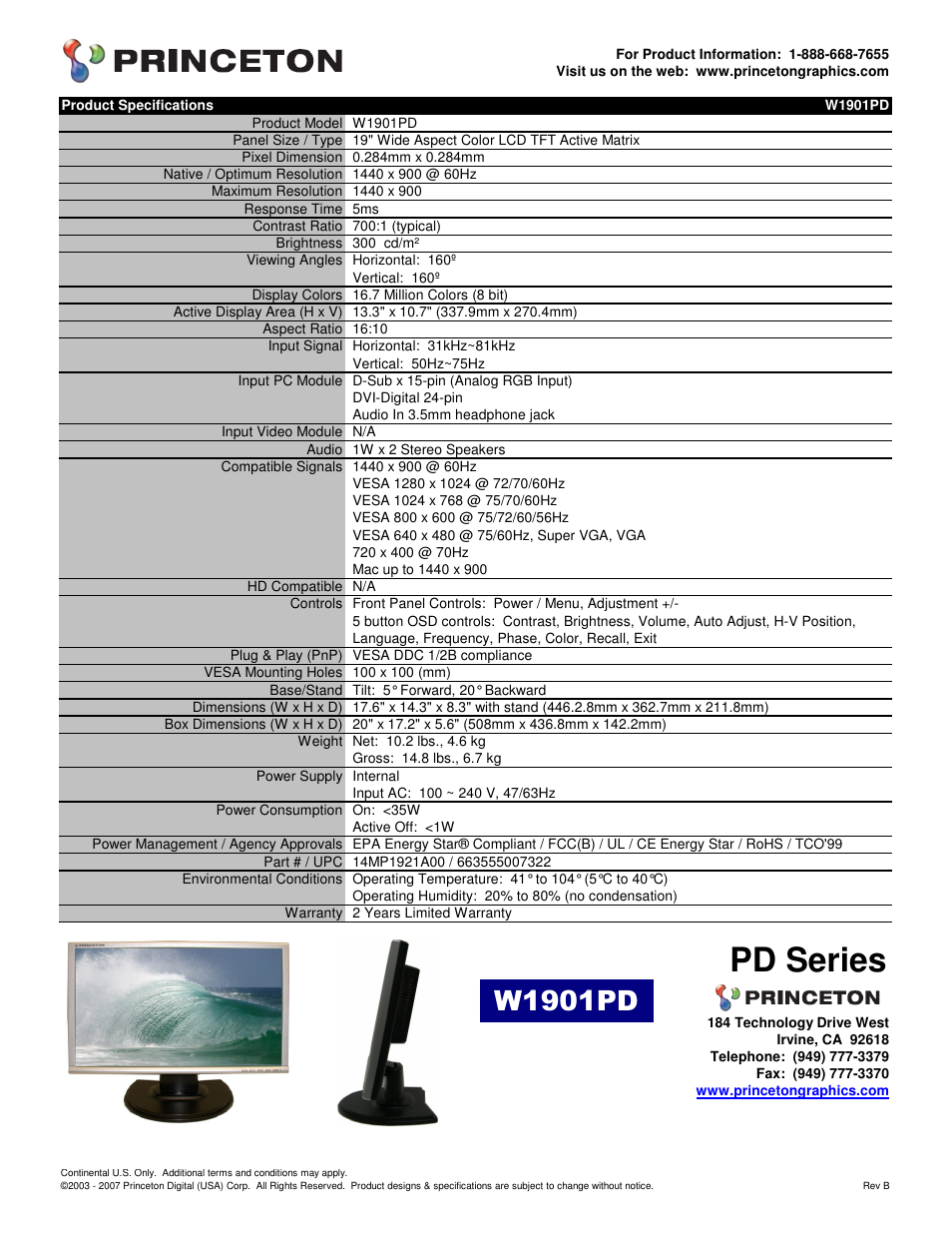 Princeton W1901PD User Manual | 1 page